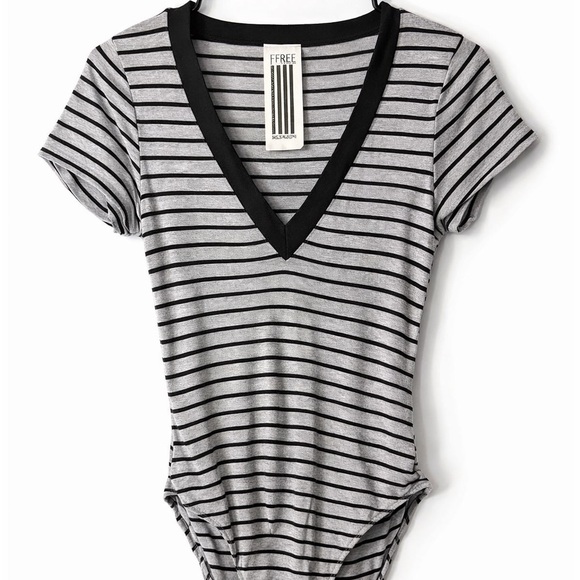 Free People Tops - Free People Gray Black Striped V-Neck Bodysuit XS Stretchy Fitted Top